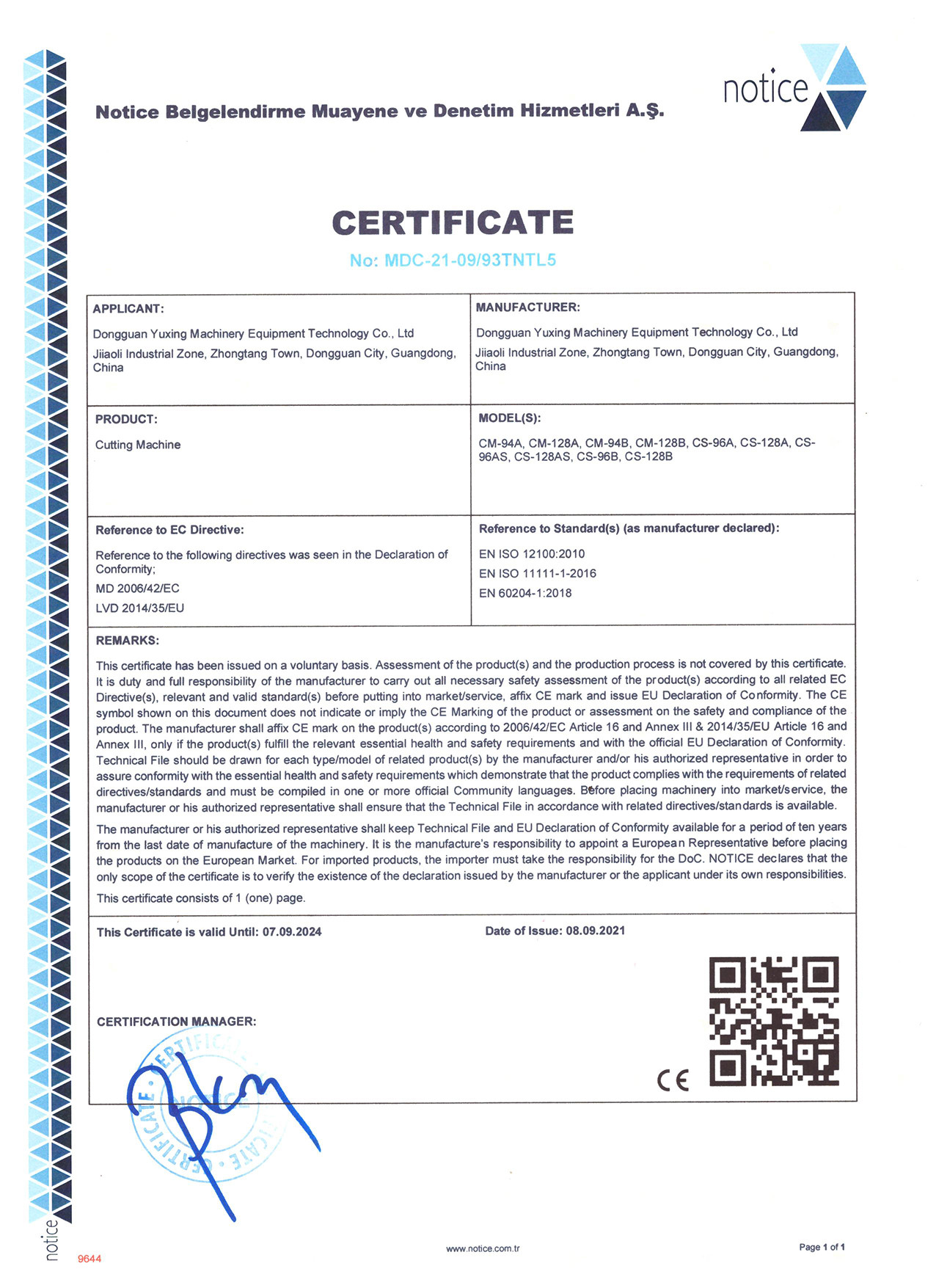 Chine Dongguan Yuxing Machinery Equipment Technology Co., Ltd. Certifications